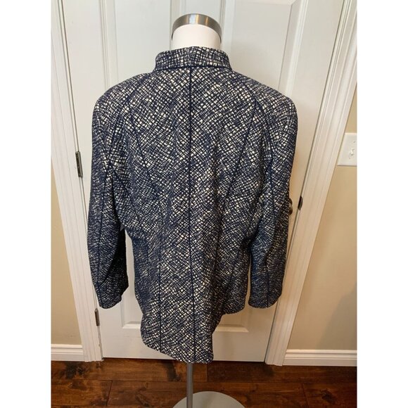 Lafayette 148 New York Navy Blue Cream Textured Patterned Zip-Up Jacket, Size 14 - Picture 4 of 5